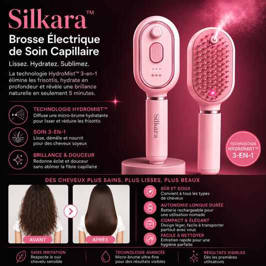 Silkara™ Brosse Électrique Capillaire | Technologie SilkFusion pour des cheveux visiblement plus lisses, brillants et soyeux en seulement 5 minutes.